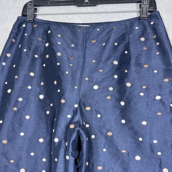 Talbots Pant Womens Size 8 Navy Tan Silver Polka Dot Ankle Straight Ankle Silk - Picture 2 of 12